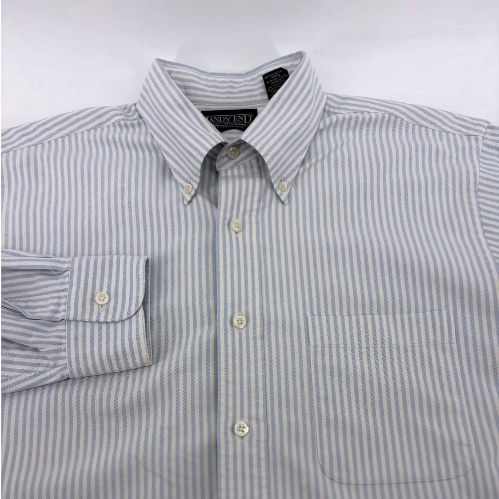 Lands End Hyde Park Oxford Shirt Mens 15.5-34 Blue White Striped Cotton Regular